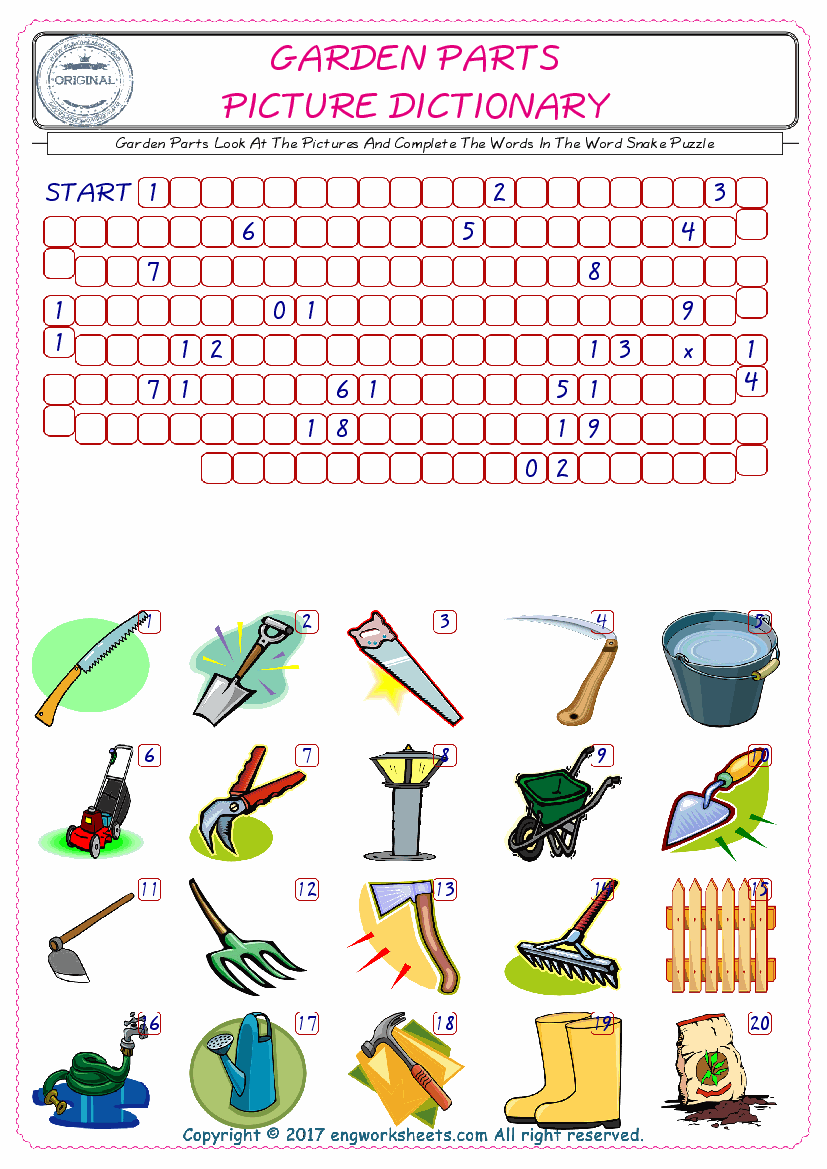  Check the Illustrations of Garden Parts english worksheets for kids, and Supply the Missing Words in the Word Snake Puzzle ESL play. 